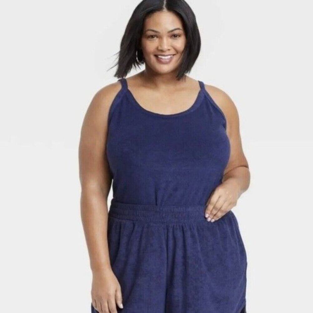 Ava & Viv Tank 1X Blue Loop Terry Cotton Blend Scoop Neck Casual Top